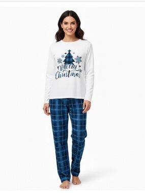 Women's White & Blue 'Merry Christmas' Holiday Pajama Set